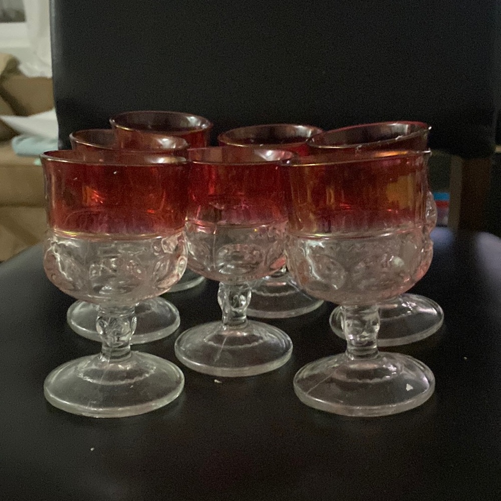 Vintage Lot of 6 Ruby Red Clear Glass Kings CROWN Stemmed GOBLET Drinking Cup
